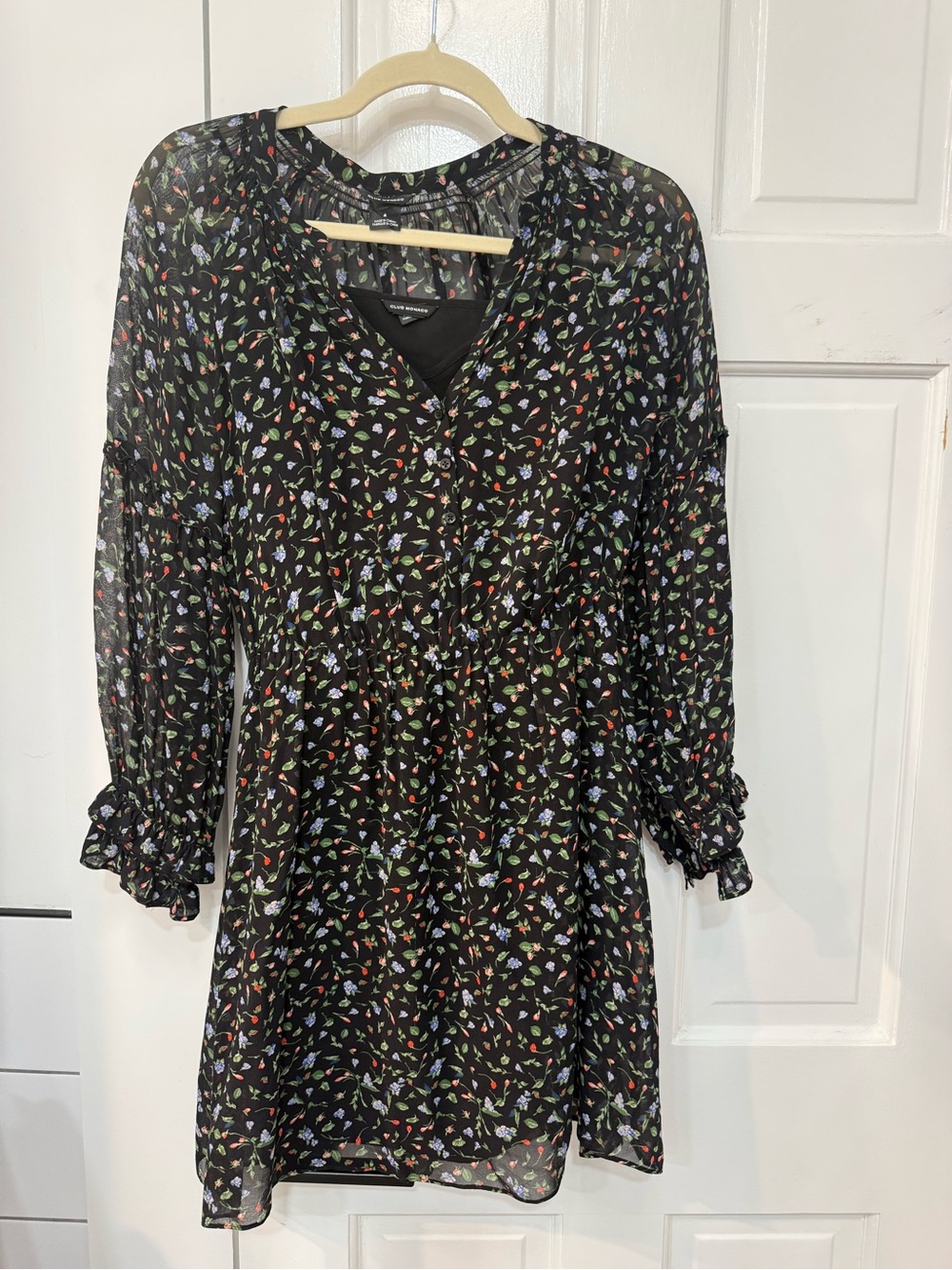 Club Monaco Sheer Black Silk Mini Dress with Multicolor Floral Print- size 4
